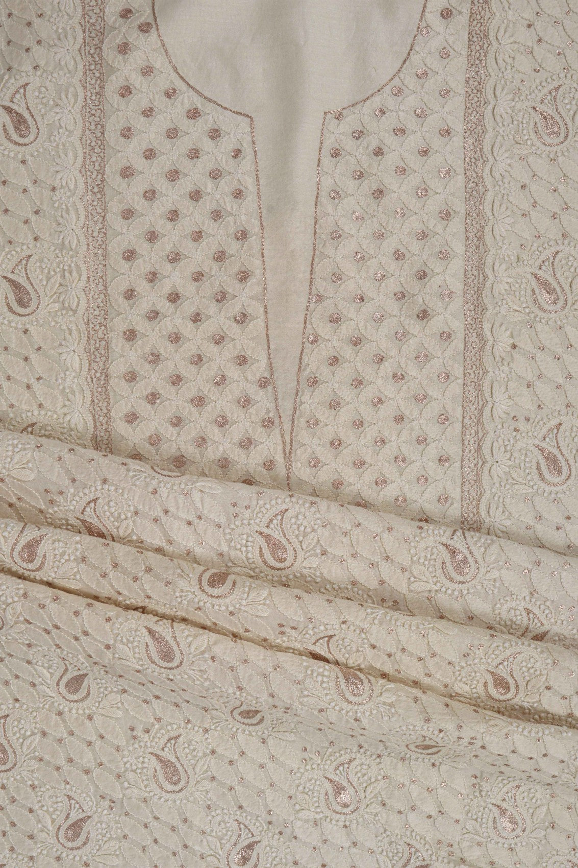 Ada Hand Embroidered Cream Chanderi Lucknowi Chikankari Unstitched Kurta Dupatta Set With Zari Work 01A105826