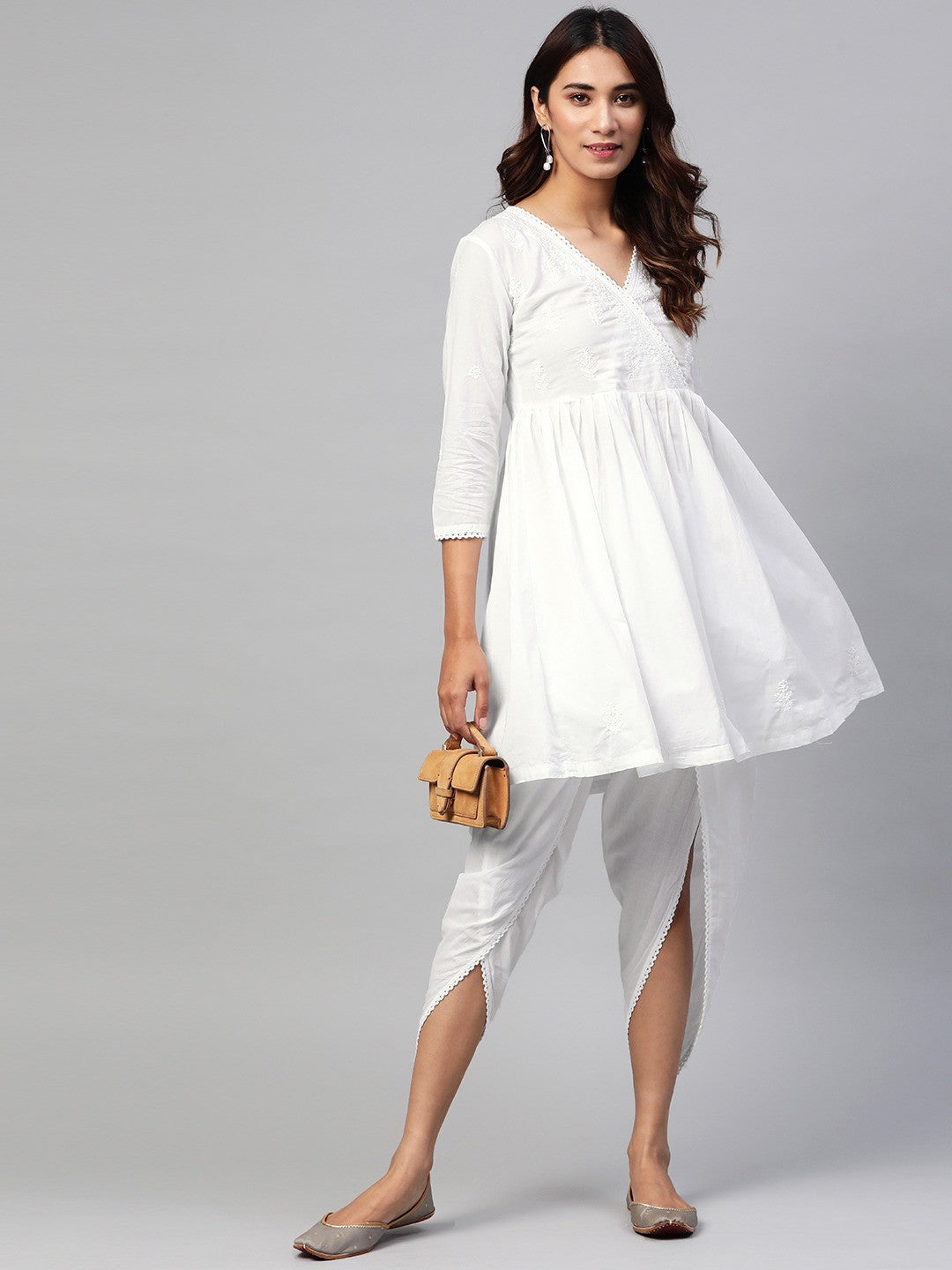 Ada Hand Embroidered White Cotton Lucknowi Chikankari Kurta With Dhoti Set A811167