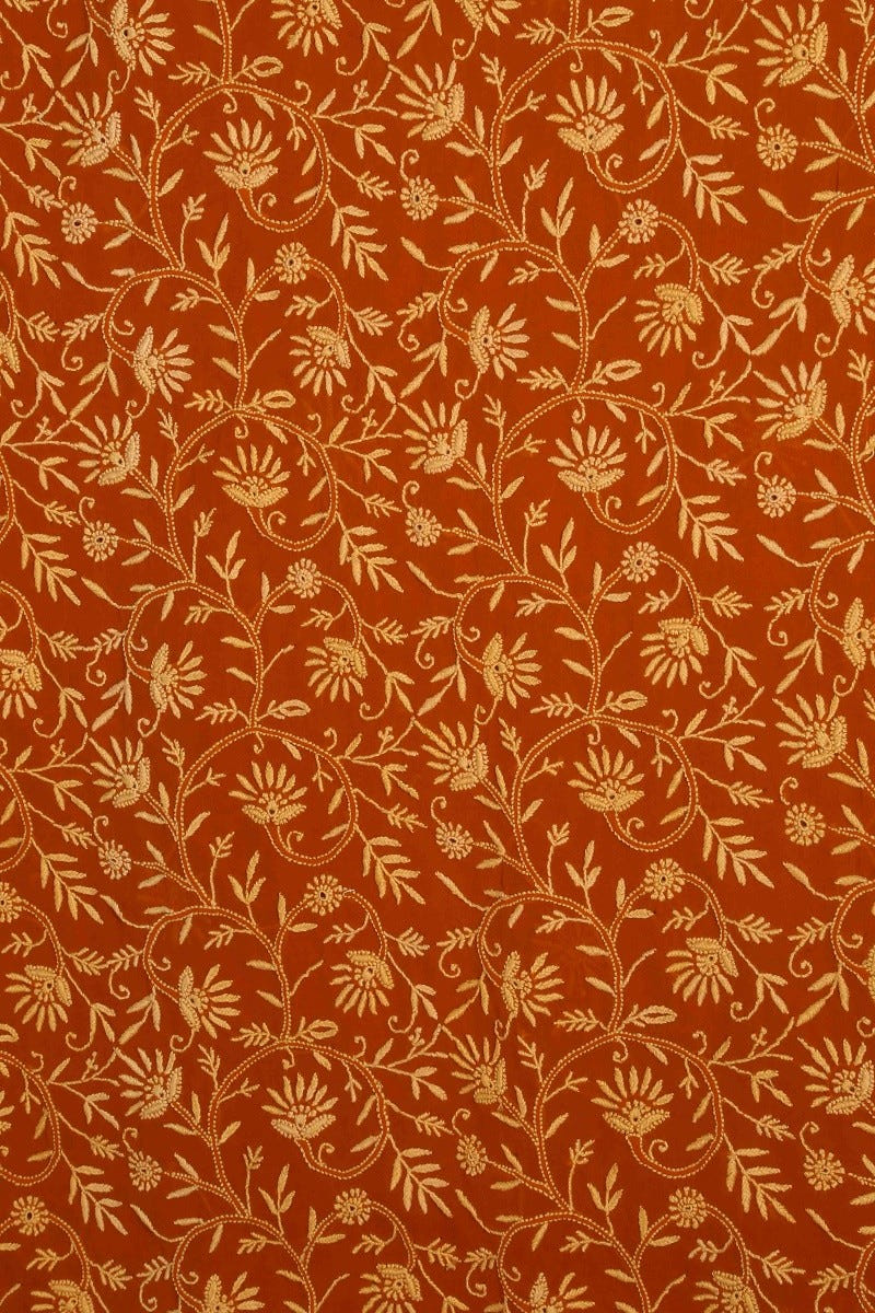 Ada Hand Embroidered Rust Pure Georgette Lucknowi Chikan Unstitched Kurta Dupatta Set A480978