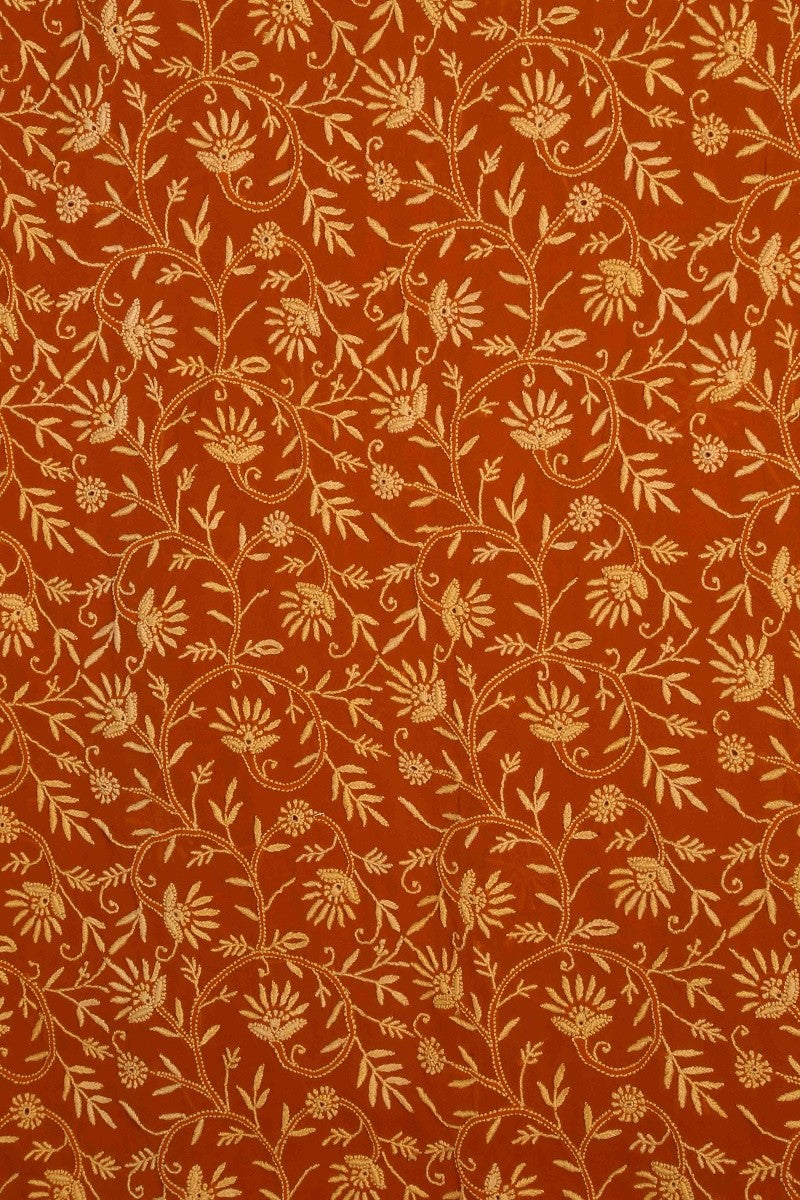 Ada Hand Embroidered Rust Pure Georgette Lucknowi Chikan Unstitched Kurta Dupatta Set A480978