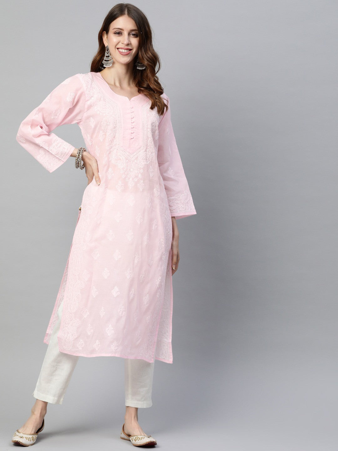 Ada Hand Embroidered Pink Cotton Lucknowi Chikankari Straight Kurta A236273