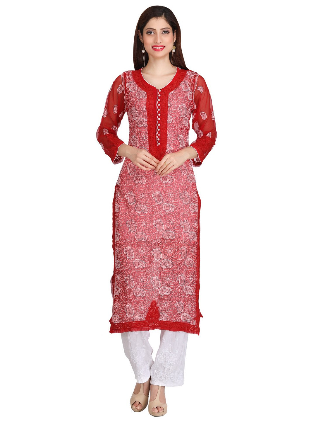 Ada Hand Embroidered Red Georgette Lucknowi Chikankari Straight Kurta with Slip A223964