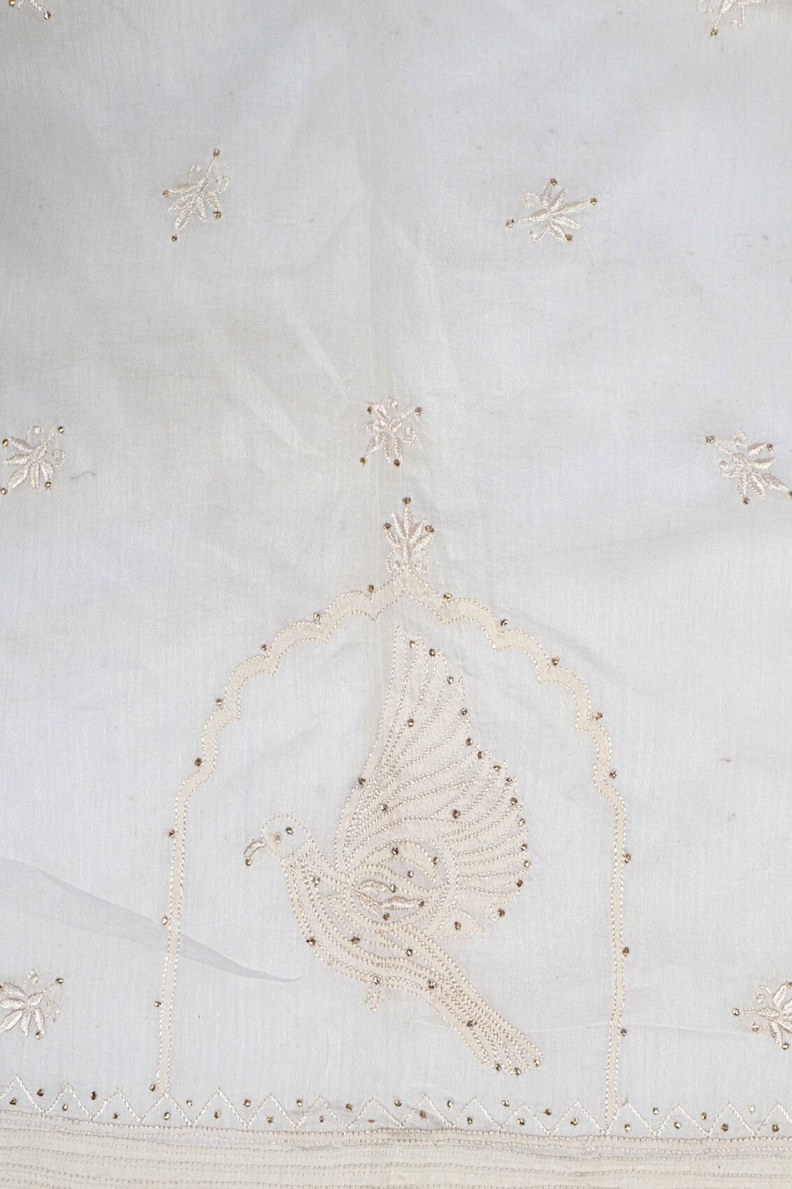 Ada Hand Embroidered White Chanderi Lucknowi Chikankari Unstitched Kurta Dupatta Set With Muqaish Work A595356