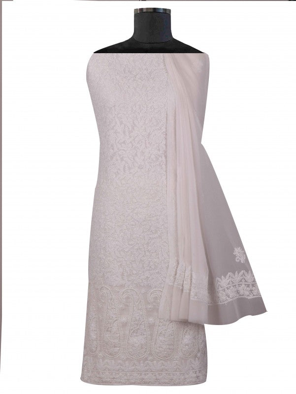 Ada Hand Embroidered White Georgette Lucknowi Chikankari Unstitched Suit Piece with Pearl Work 01A44644