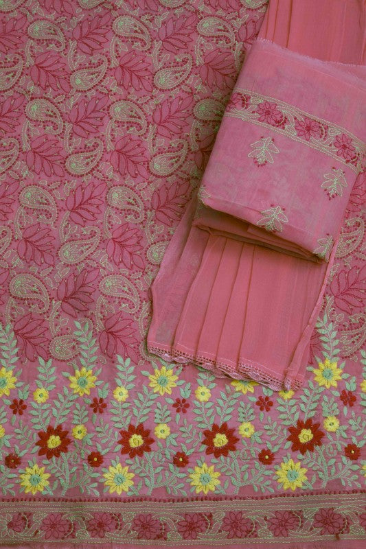 Ada Hand Embroidered Carrot Pink Cotton Lucknowi Chikan Unstitched Suit Piece–A100161