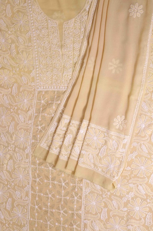 Ada Hand Embroidered Fawn Pure Georgette Lucknowi Chikan Unstitched Kurta Dupatta Set A306716