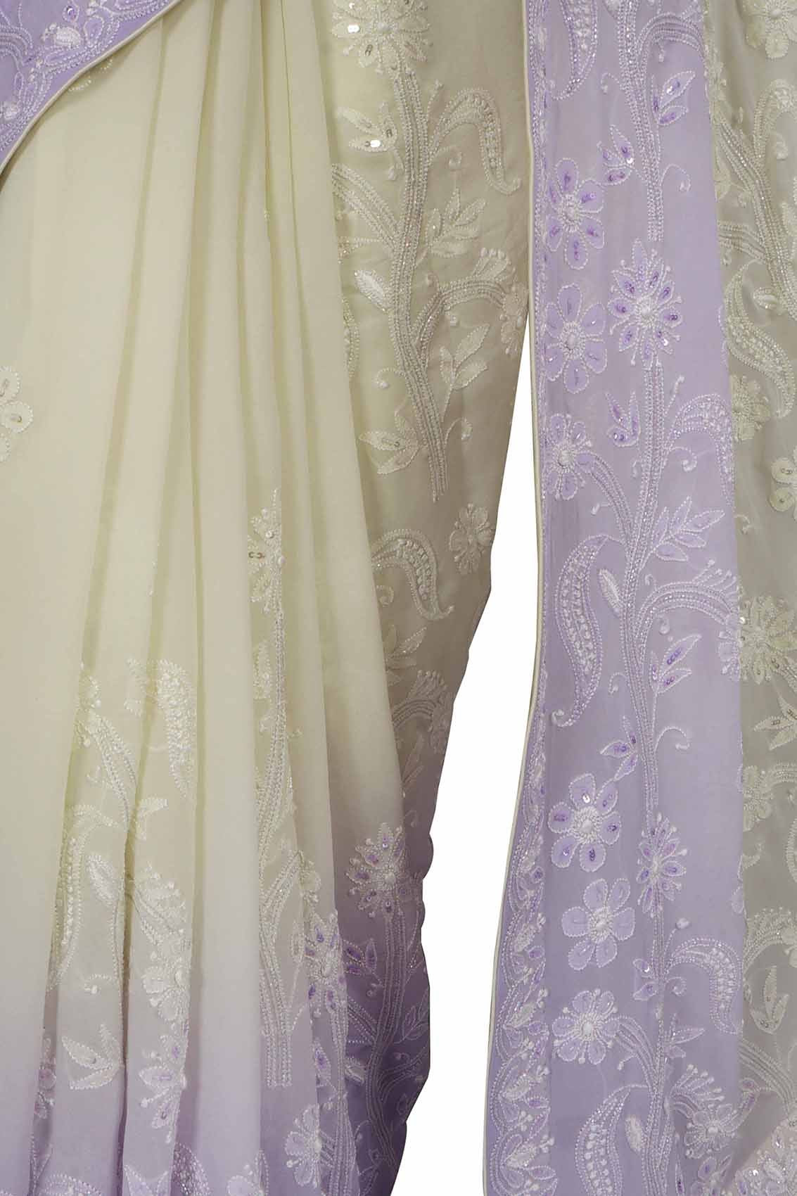 Ada Hand Embroidered Mauve & Cream Ombre Shade Pure Georgette Lucknowi Chikankari Saree/Blouse with Cutdana Work A393538