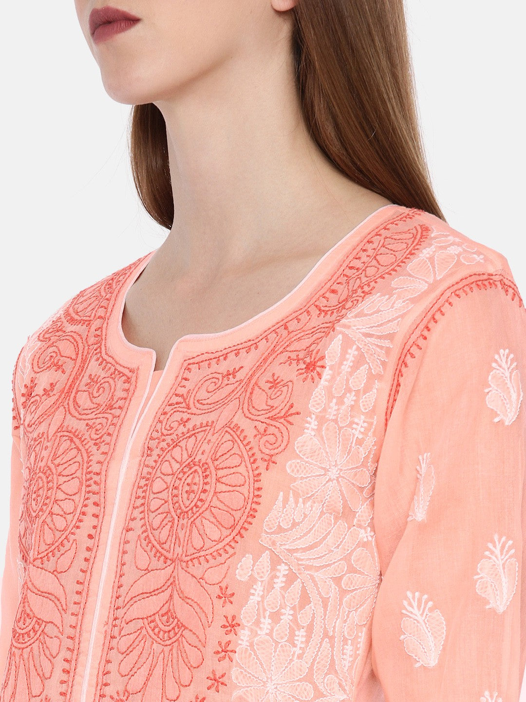 Ada Hand Embroidered Peach Cotton Lucknowi Chikankari Straight Kurta A230781
