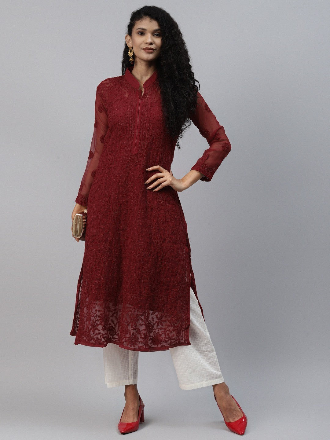 Ada Hand Embroidered Maroon Georgette Lucknowi Chikan Kurta with Slip A225023
