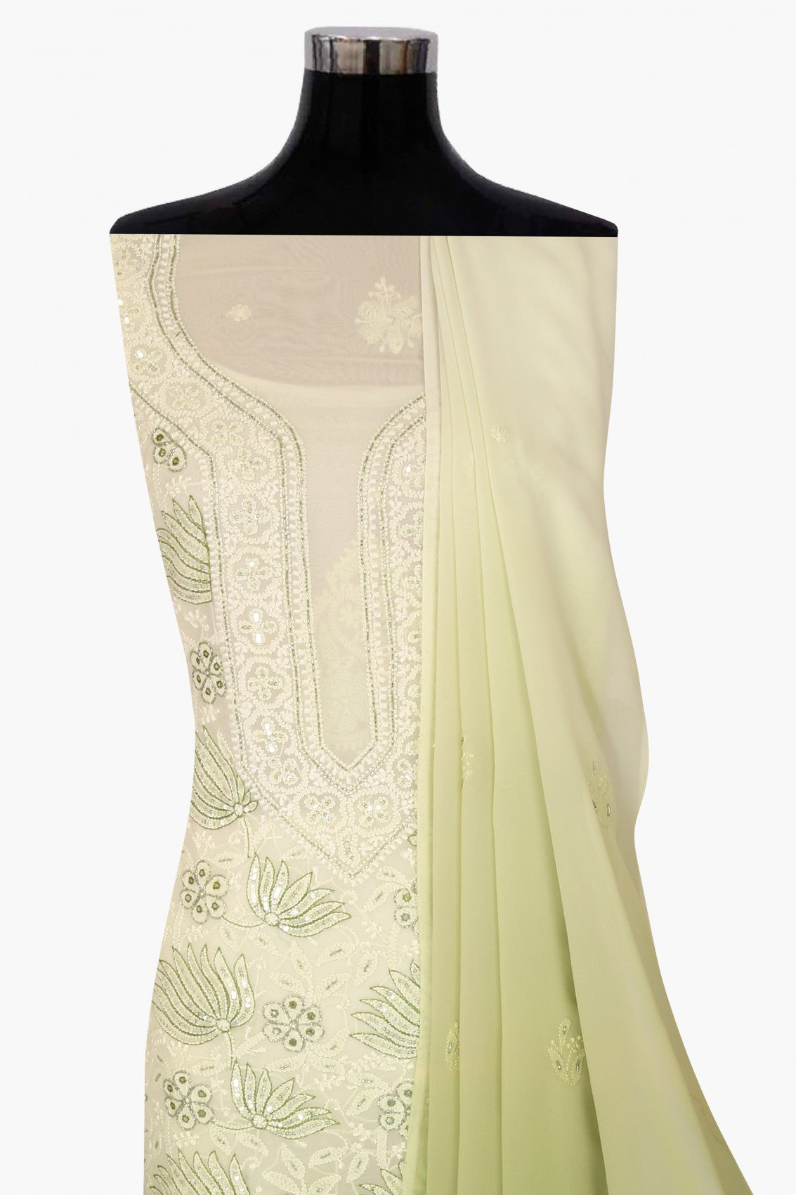 Ada Hand Embroidered Lime Green & Tea Green Ombre Shade Georgette Lucknowi Chikankari Unstitched Kurta Dupatta Set With Cutdana Work 01A255320
