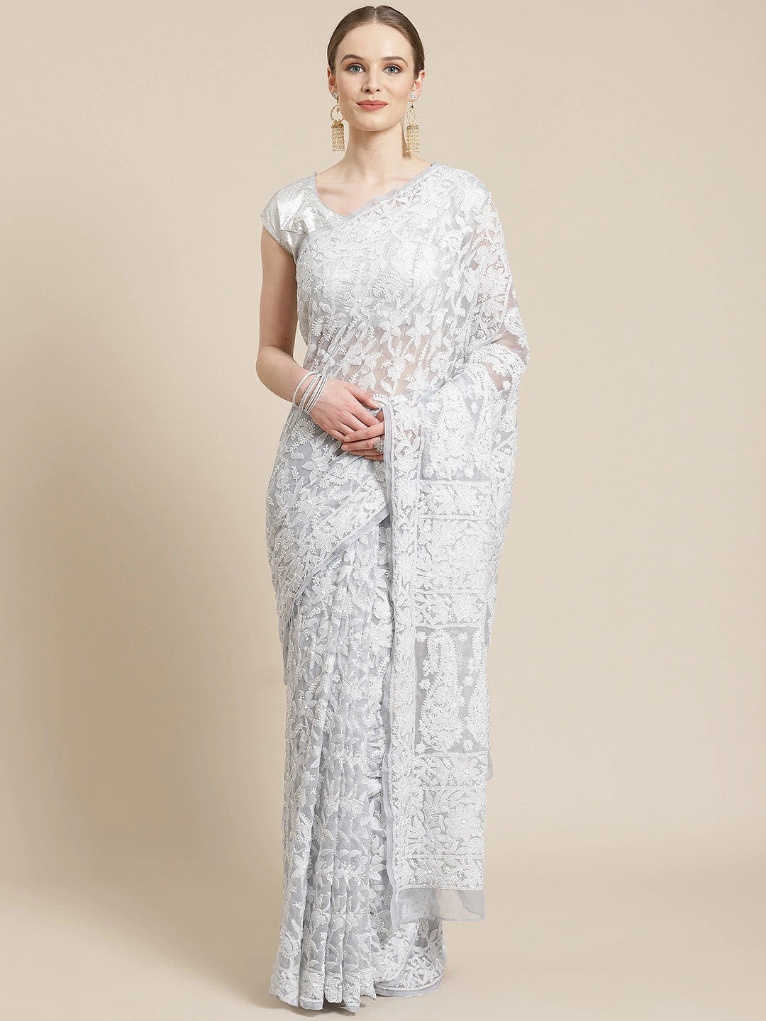 Ada Hand Embroidered Grey Georgette Lucknow Chikan Saree With Blouse- A311238