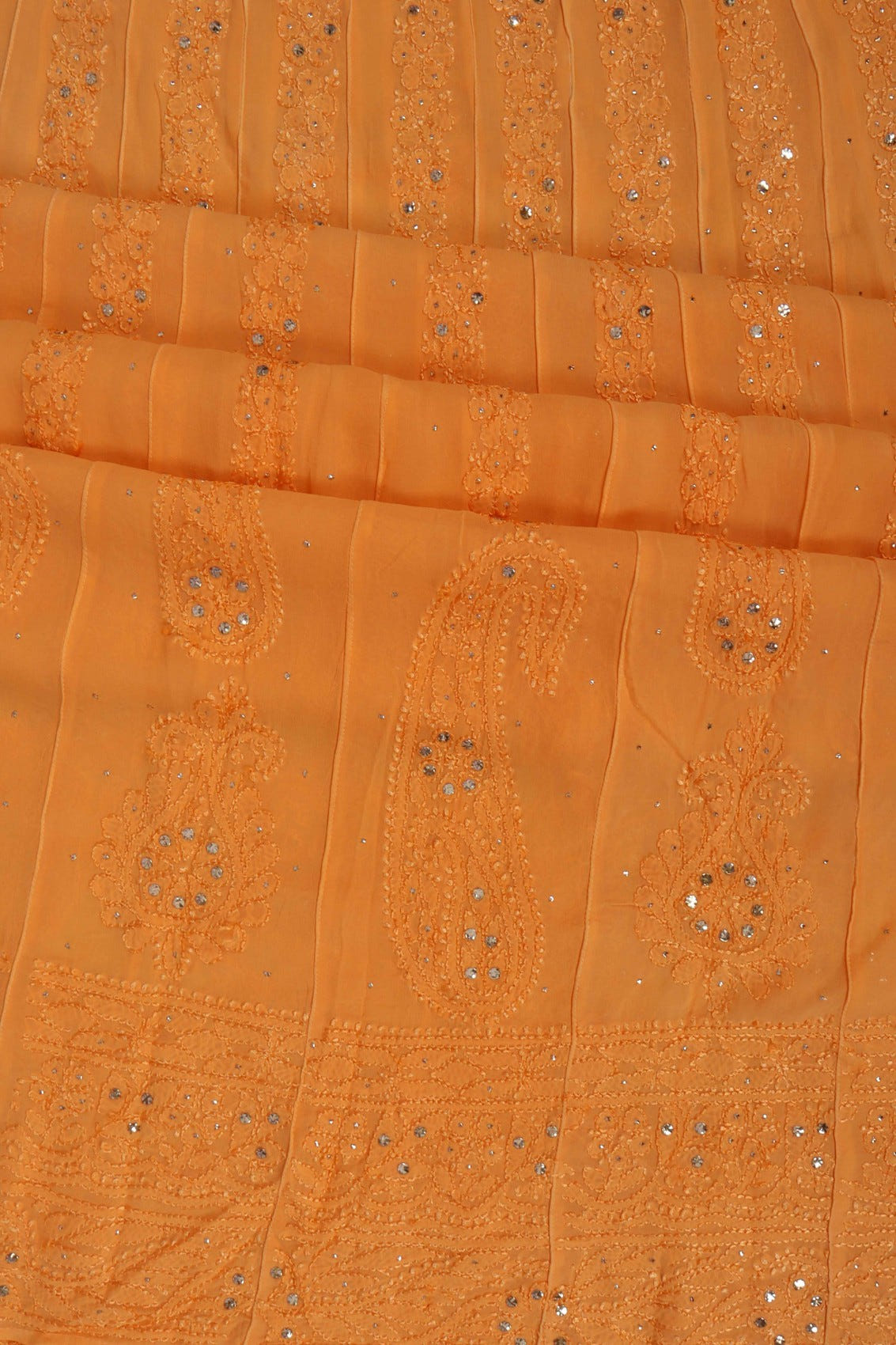 Ada Hand Embroidered Orange Georgette Lucknowi Chikankari Semi-Stitched Anarkali Kurta Dupatta Set With Muqaish Work 01A248219