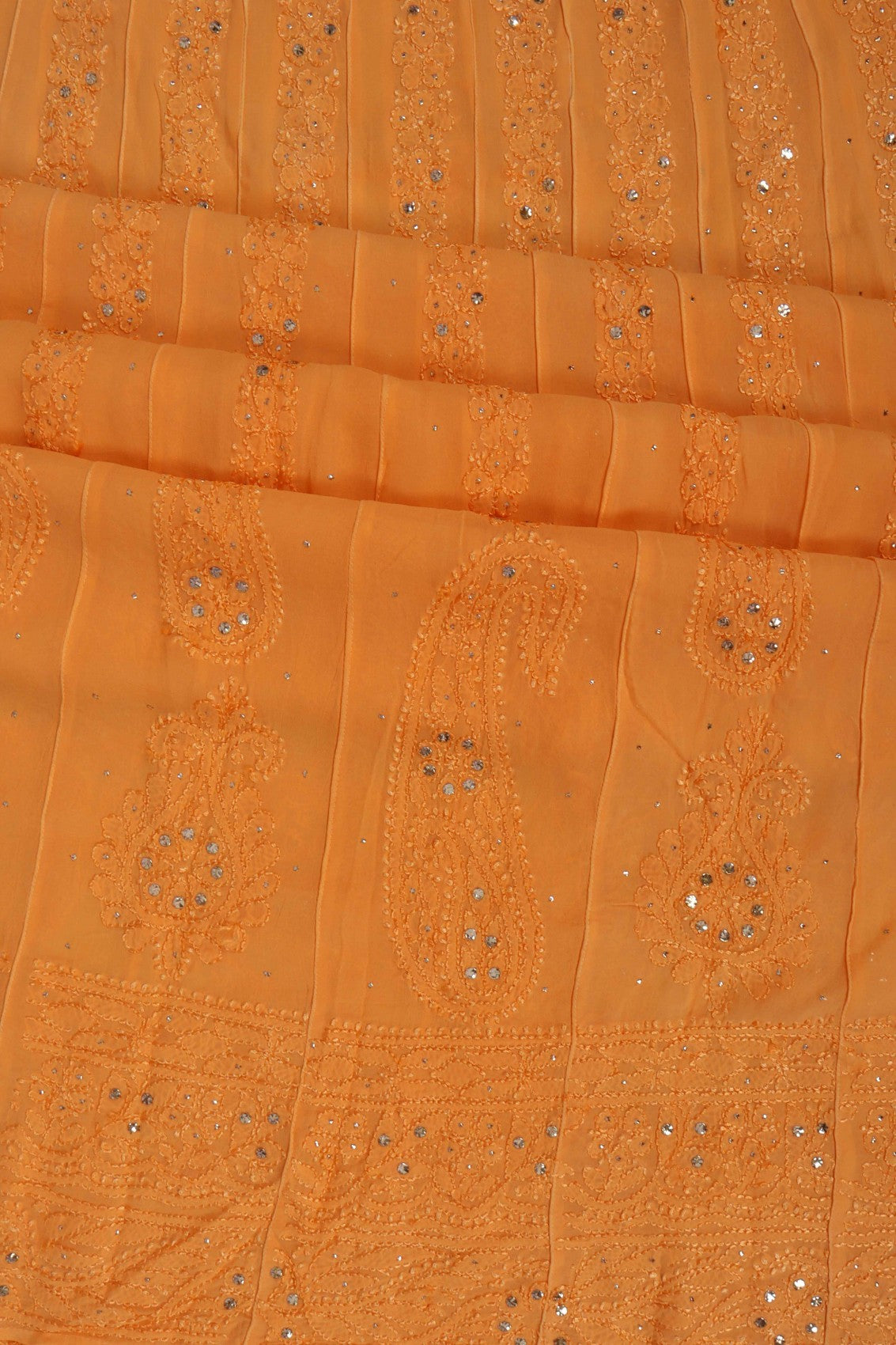Ada Hand Embroidered Orange Georgette Lucknowi Chikankari Semi-Stitched Anarkali Kurta Dupatta Set With Muqaish Work 01A248219