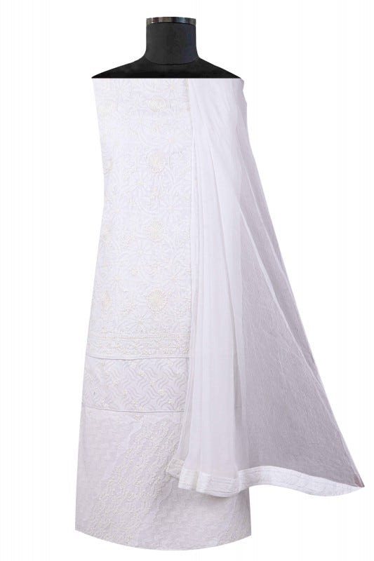 Ada Hand Embroidered White Cotton Lucknowi Chikan Unstitched Suit Piece A23261