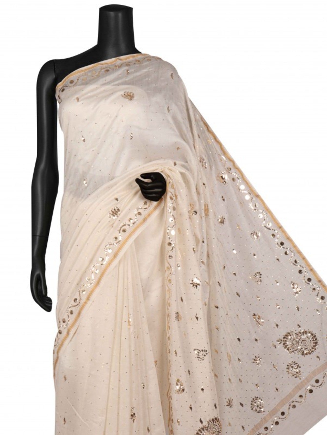 Ada Hand Embroidered Off White Chanderi Lucknowi Chikankari Saree/Blouse With Muqaish Work A610118