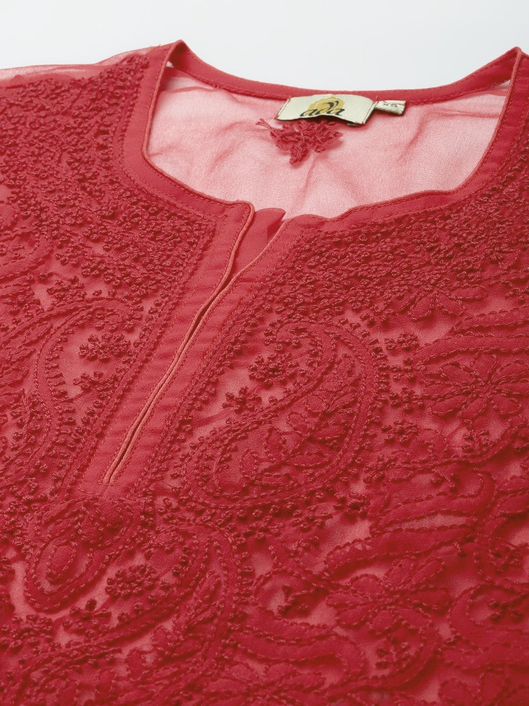 Ada Hand Embroidered Red Georgette Lucknowi Chikankari Straight Kurti With Slip A911193
