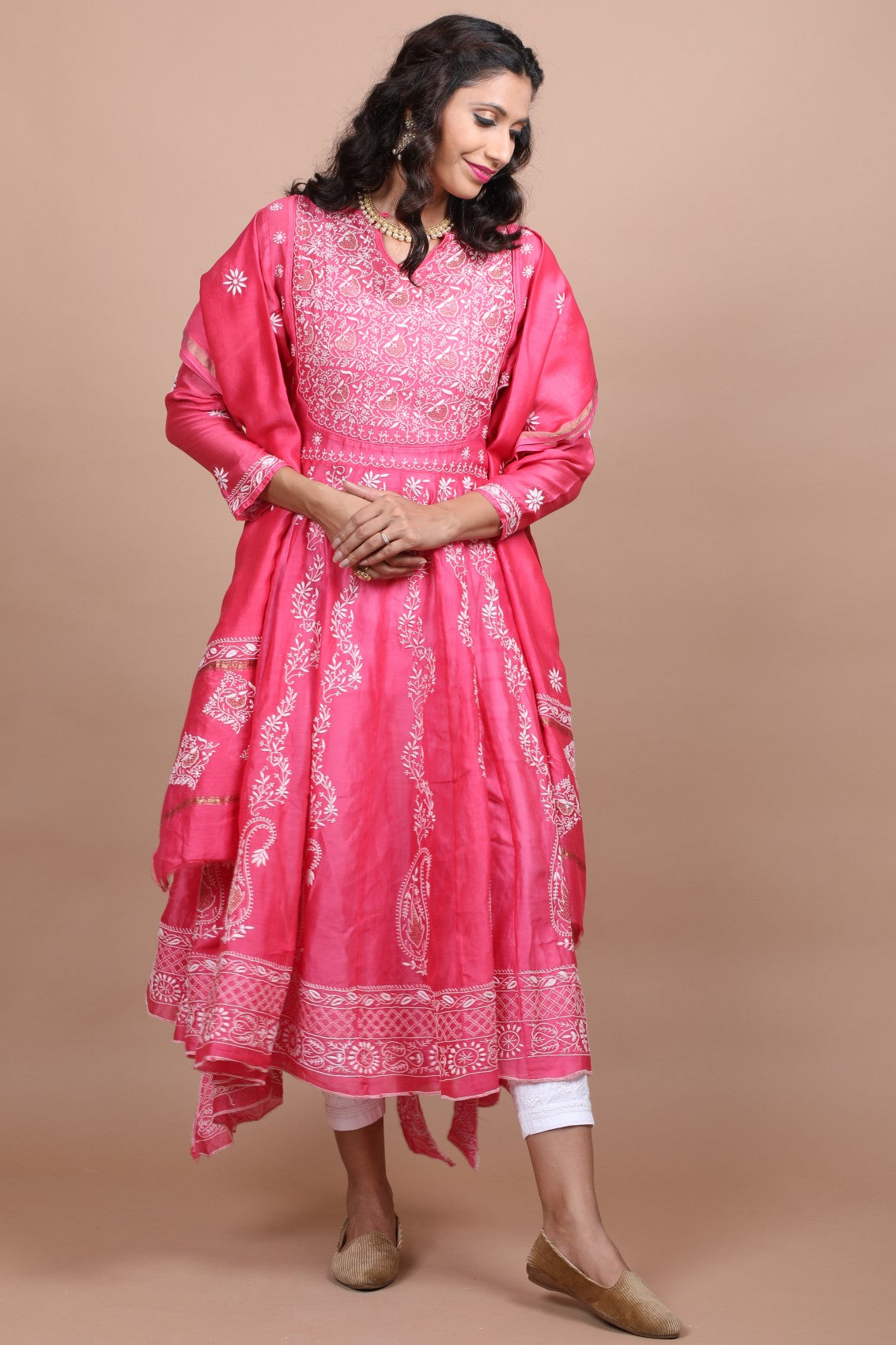 Ada Hand Embroidered Onion Pink Chanderi Lucknowi Chikankari Semi-Stitched Anarkali Kurta Dupatta Set With Zari Work 01A205812