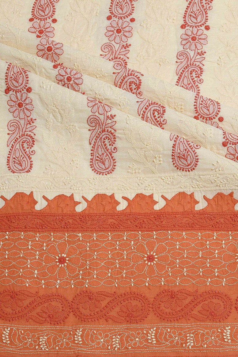 Ada Hand Embroidered Fawn Cotton Chikan Unstitched Kurta Piece-A610248