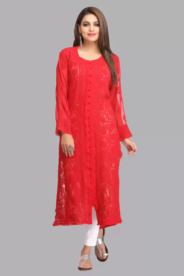 Ada Hand Embroidered Red Georgette Lucknow Chikankari Kurta A183538.