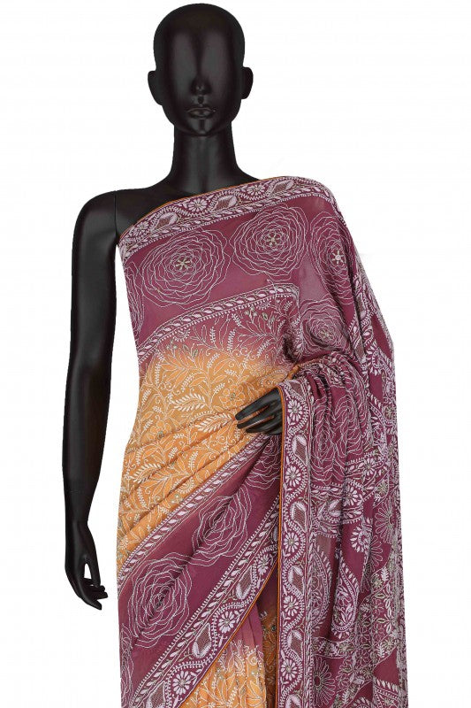Ada Hand Embroidered Yellow /Pansy Purple Pure Georgette Lucknowi Chikankari Saree With Blouse-A51504