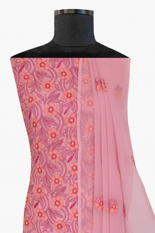 Ada Hand Embroidered Flamingo Pink Georgette Lucknowi Chikan Unstitched Suit Piece A630414