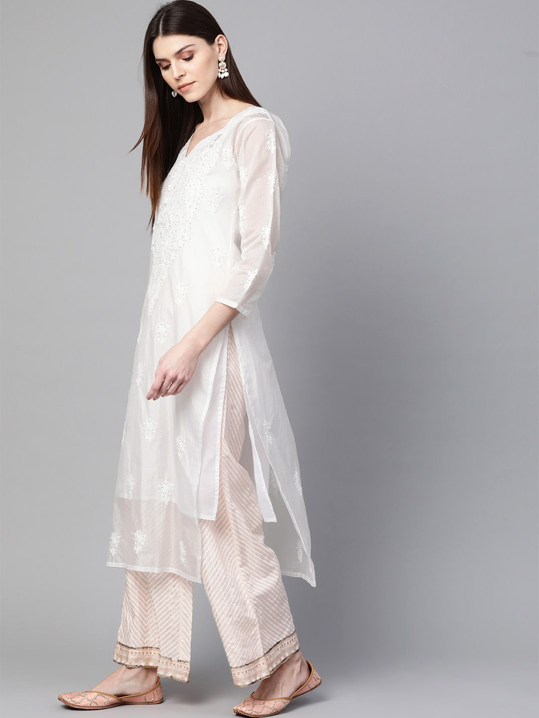 Ada Hand Embroidered White Kota Lucknowi Chikankari Straight Kurta/Slip With Muqaish Work A100412