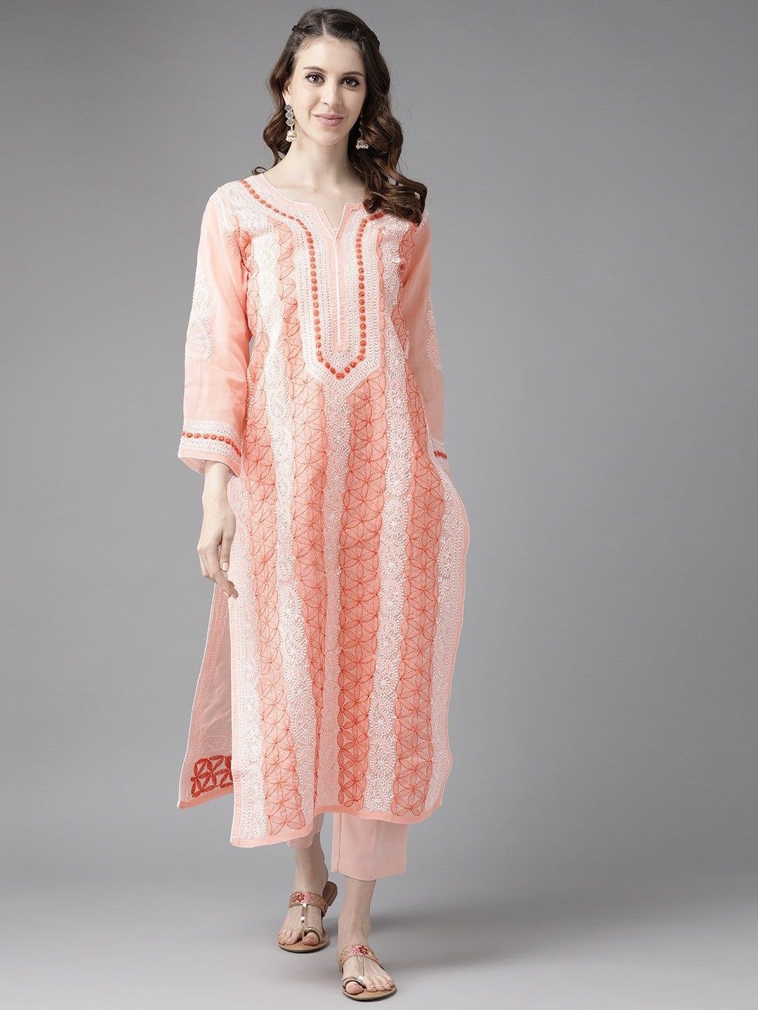 Ada Hand Embroidered Peach Cotton Lucknow Chikan Straight Kurta-A230774