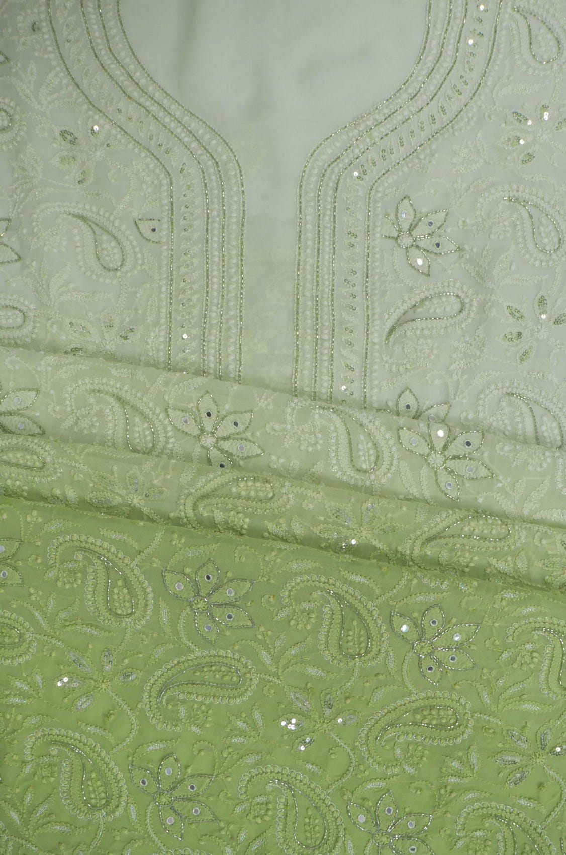 Ada Hand Embroidered Mint Green & Green Ombre Shade Georgette Lucknowi Chikankari Unstitched Kurta Dupatta Set With Cutdana Work 01A255322