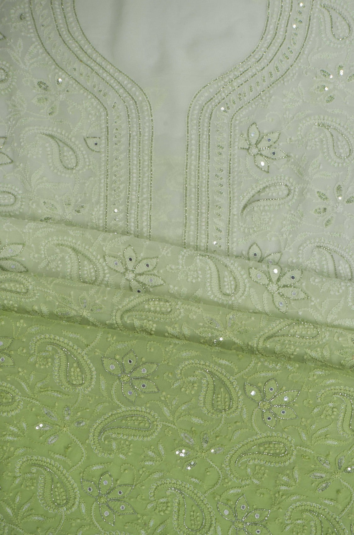 Ada Hand Embroidered Mint Green & Green Ombre Shade Georgette Lucknowi Chikankari Unstitched Kurta Dupatta Set With Cutdana Work 01A255322