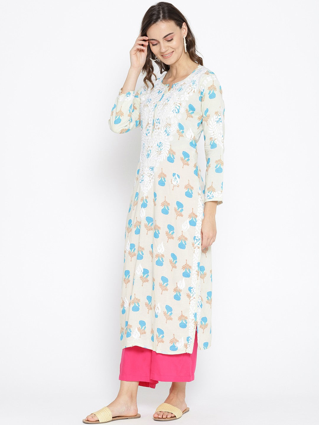 Ada Hand Embroidered Fawn Blue Cotton Lucknowi Chikankari Straight Kurta- A100036