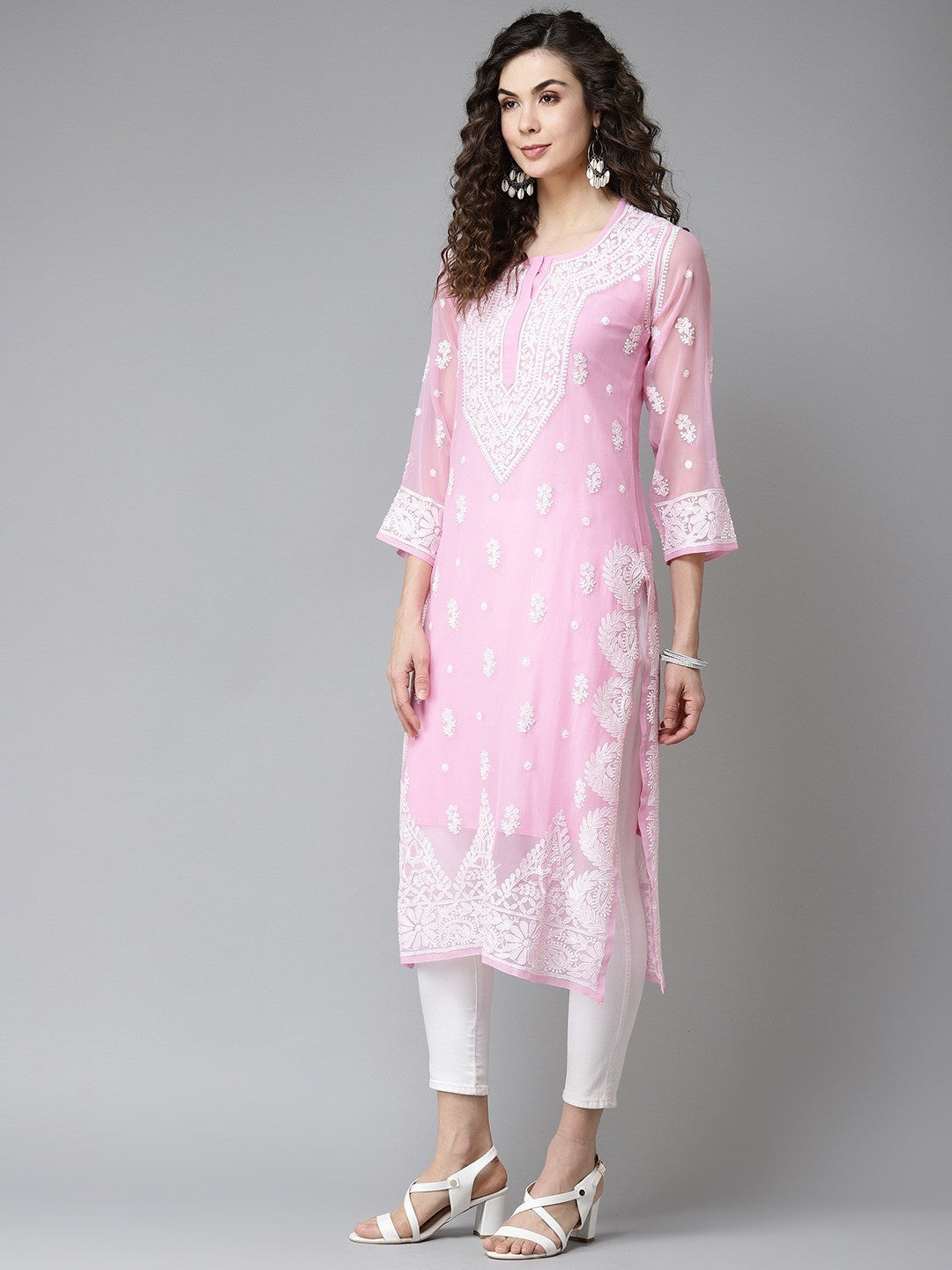Ada Hand Embroidered Onion Pink Georgette Lucknowi Chikankari Straight Kurta With Slip A411197