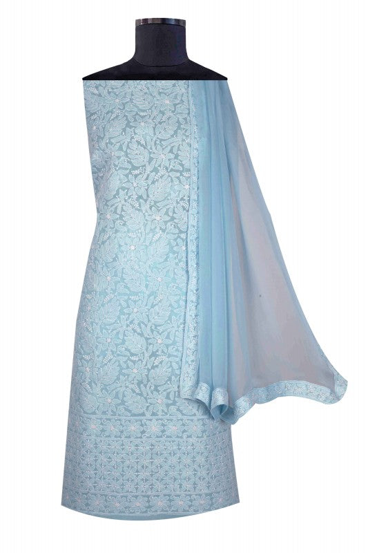 Ada Hand Embroidered Blue Cotton Lucknowi Chikan Unstitched Suit Piece A495589