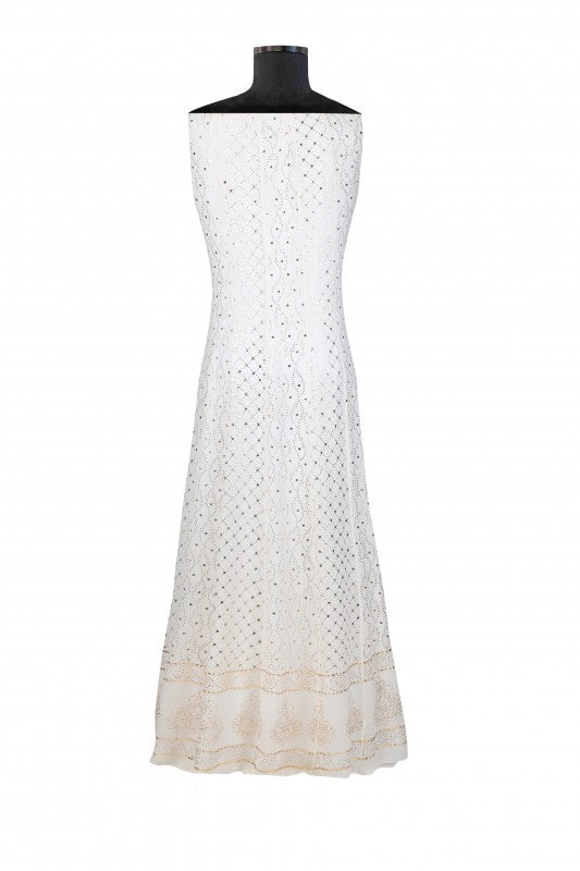 Ada Hand Embroidered White Pure Georgette Unstitched Anarkali Kurta Dupatta With Muqaish Work–A614564
