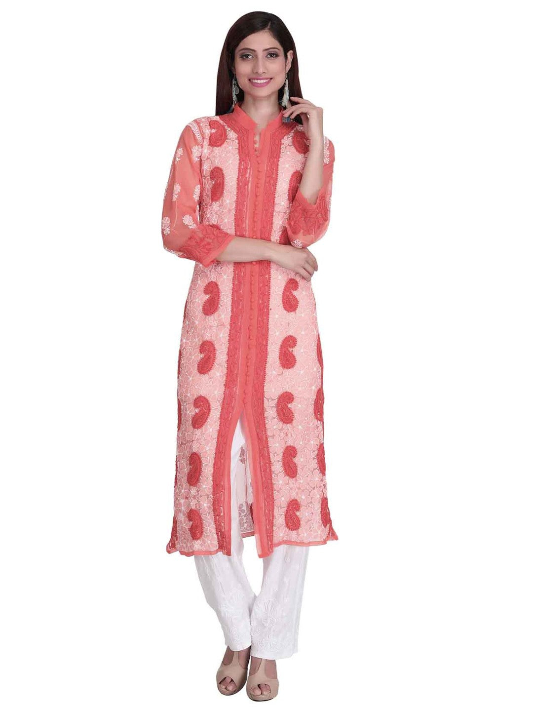 Ada Hand Embroidered Peach Georgette Lucknowi Chikankari Straight  Kurta A227272
