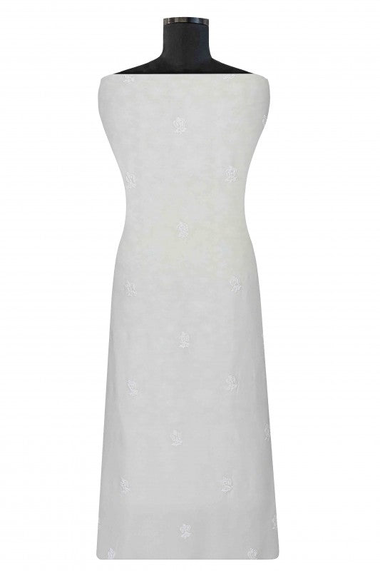 Ada Hand Embroidered Smoke White Pure Georgette Lucknowi Chikan Unstitched Kurta Dupatta–A609242