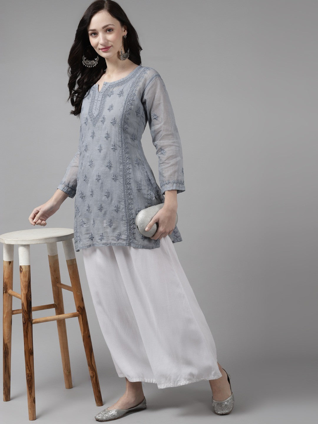 Ada Hand Embroidered Grey Kota  Lucknow Chikan Kurti With Slip A911156