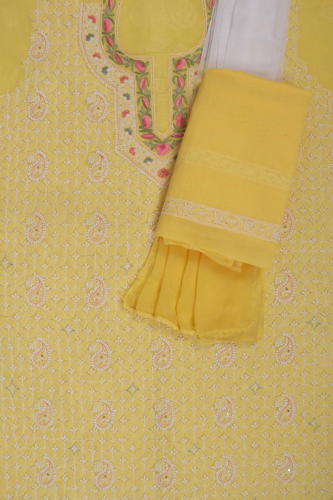 Ada Hand Embroidered Yellow Cotton Lucknowi Chikan Unstitched Suit Piece With Muqaish work 01A204436