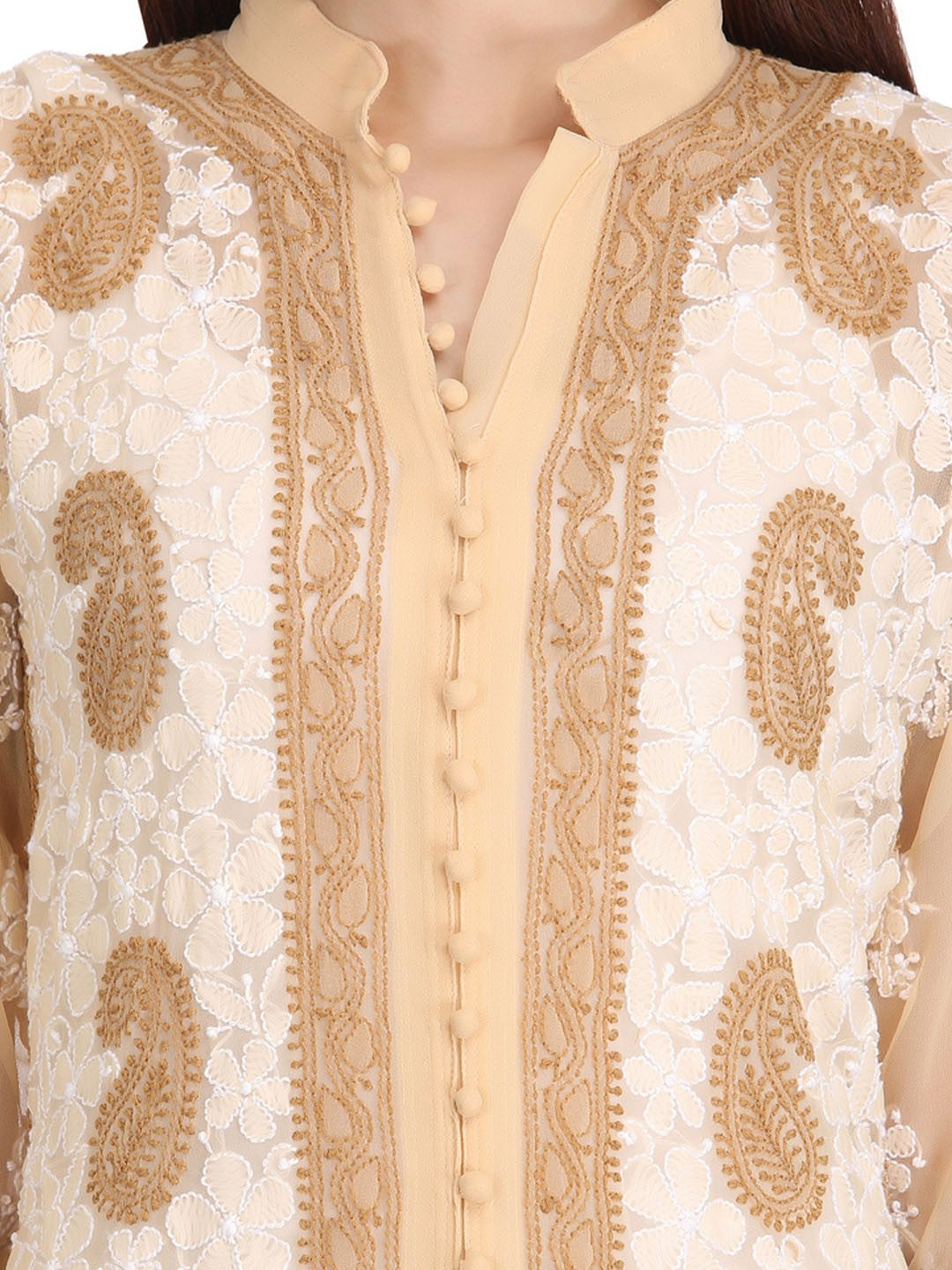 Ada Hand Embroidered Fawn Georgette Lucknow Chikan Straight Kurta A227262