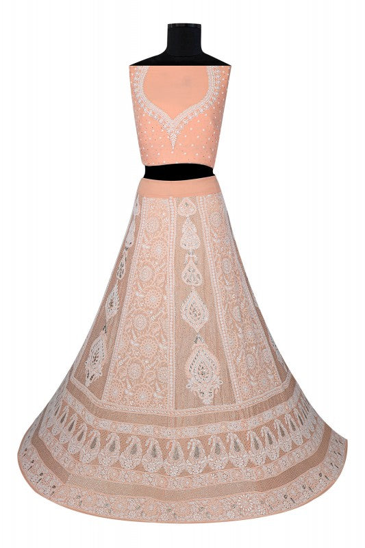 Ada Hand Embroidered Peach Pure Georgette Lucknowi Chikankari Lehenga Set with Muqaish Work A291941