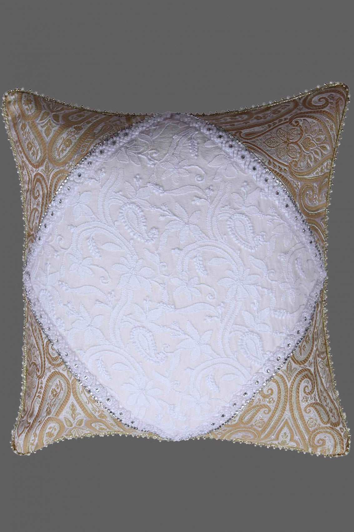 Ada Hand Embroidered White/ Fawn Pure Georgette Lucknow Chikankari Cushion Cover A318717