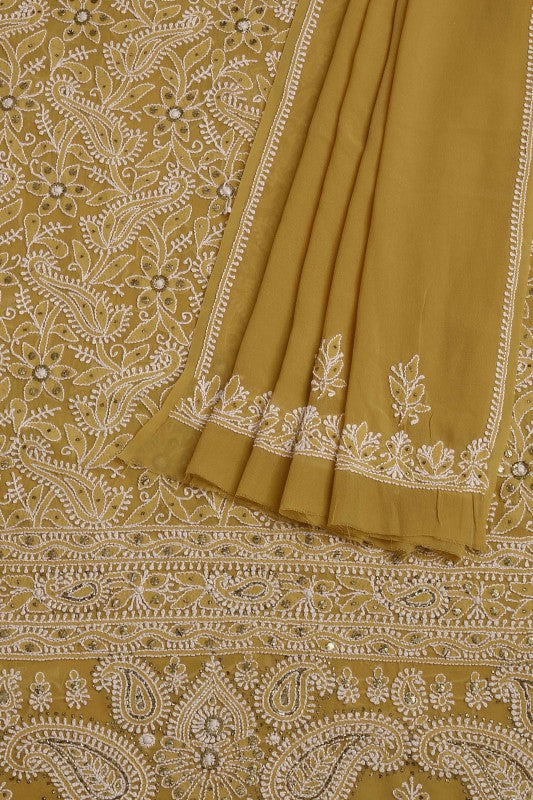 Ada Hand Embroidered Sepia Fawn Pure Georgette Lucknowi Chikan Unstitched Kurta Dupatta Set with Muqaish Work A230565