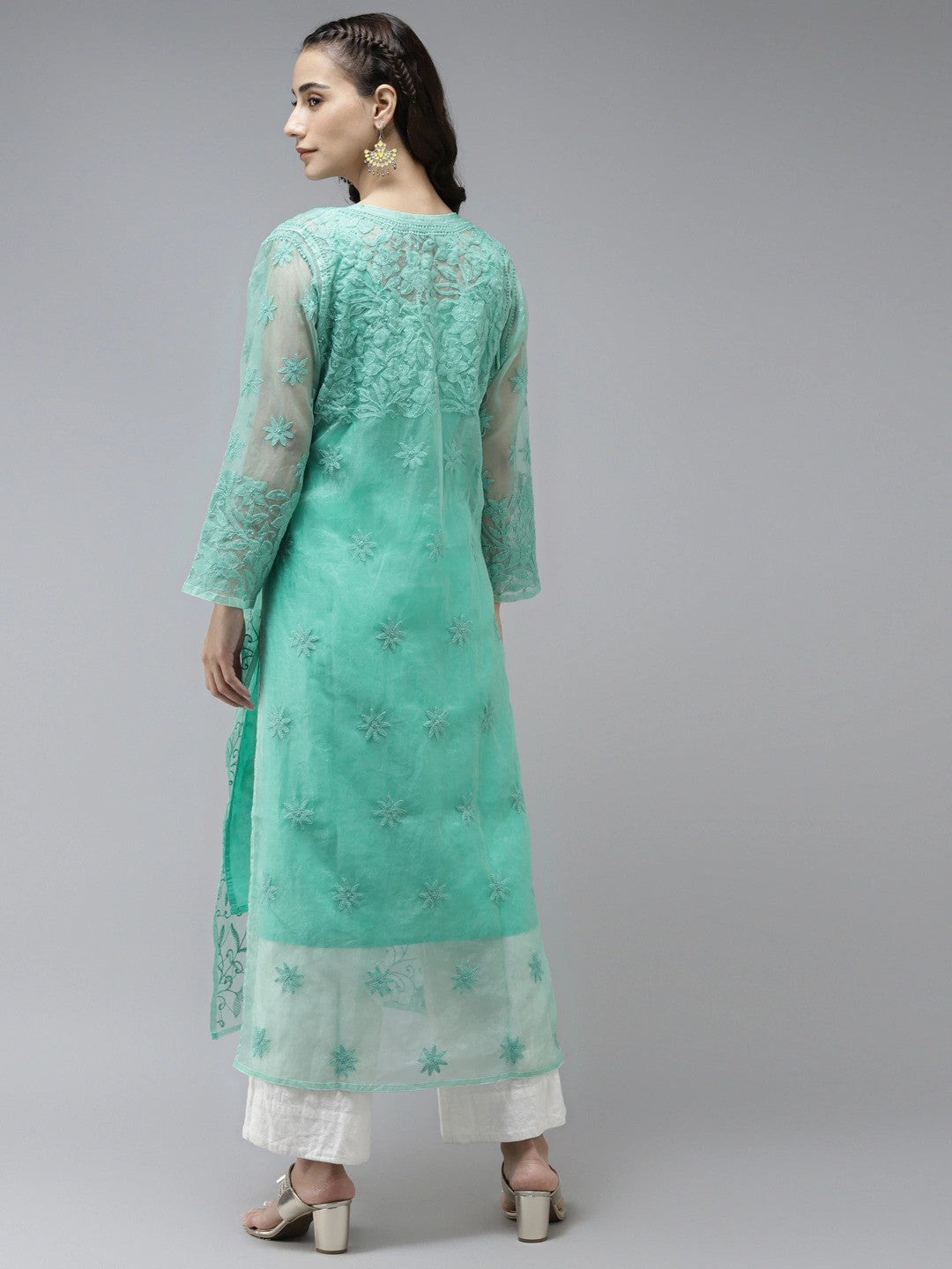 Ada Hand Embroidered Sea Green Organza Lucknowi Chikankari Straight Kurta With Slip- A411242