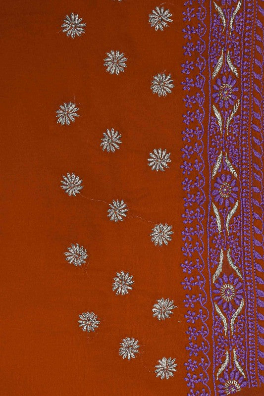 Ada Hand Embroidered Rust Pure Georgette Lucknow Chikan Saree with Blouse A108710