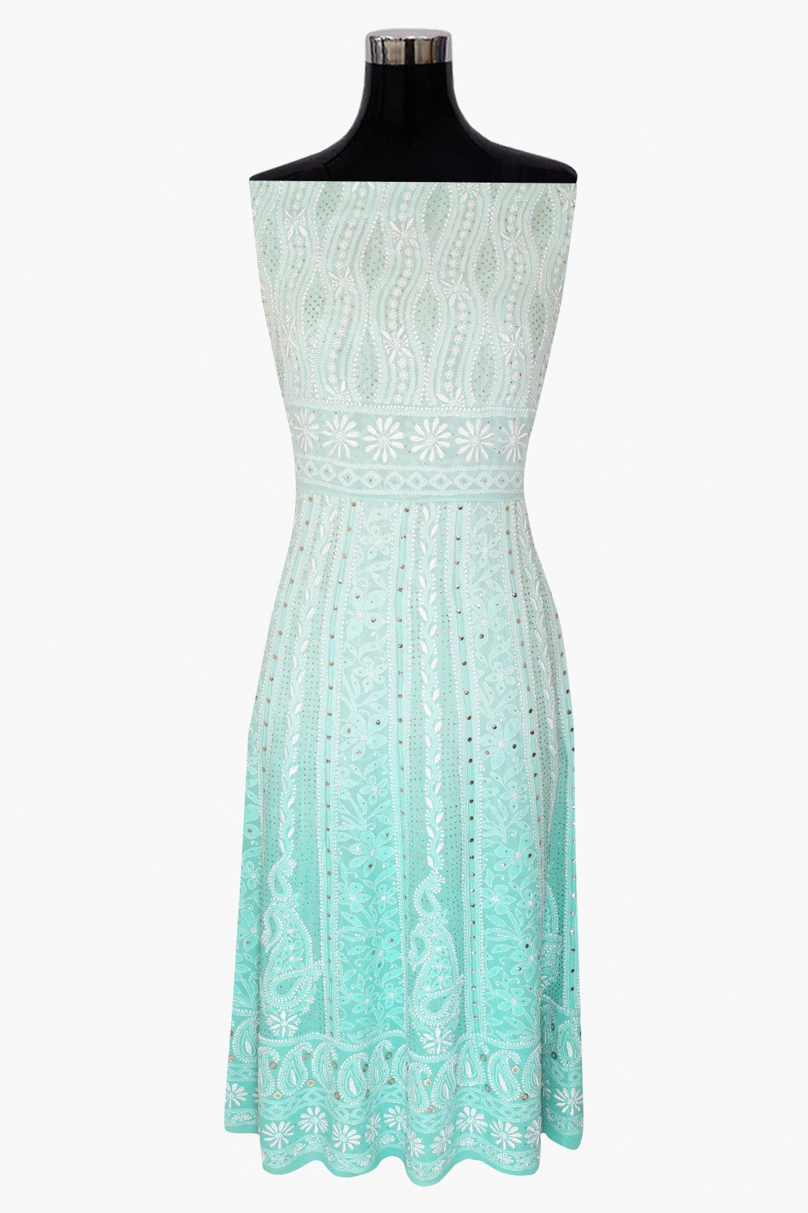 Ada Hand Embroidered Dual Shade Of Sea Green Pure Georgette Lucknowi Chikankari Semi-Stitched Anarkali Kurta Dupatta Set With Muqaish Work 01A313773