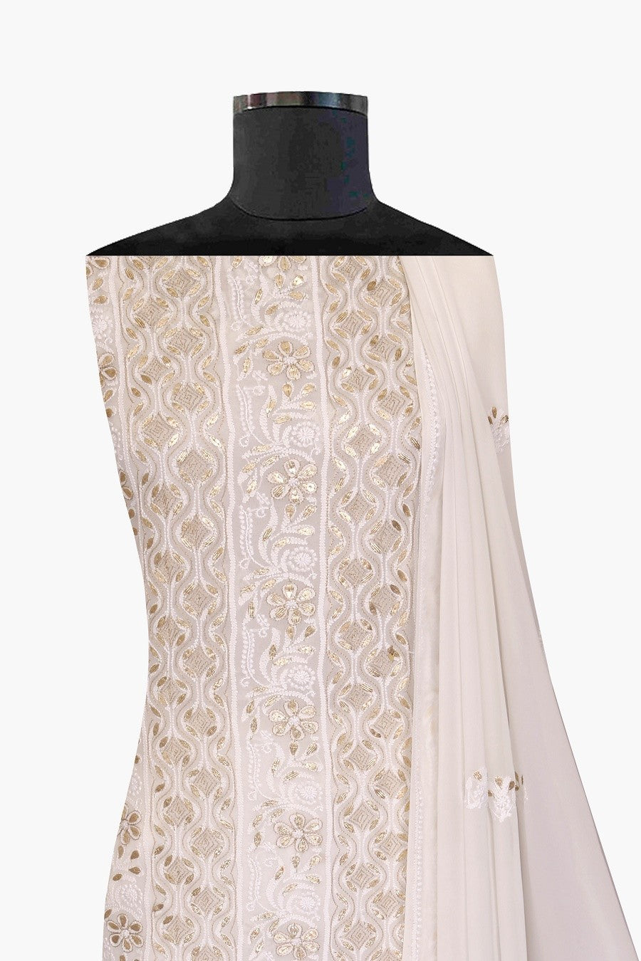 Ada Hand Embroidered White Georgette Lucknowi Chikan Unstitched Kurta Dupatta Set with Gota Patti Work A480887