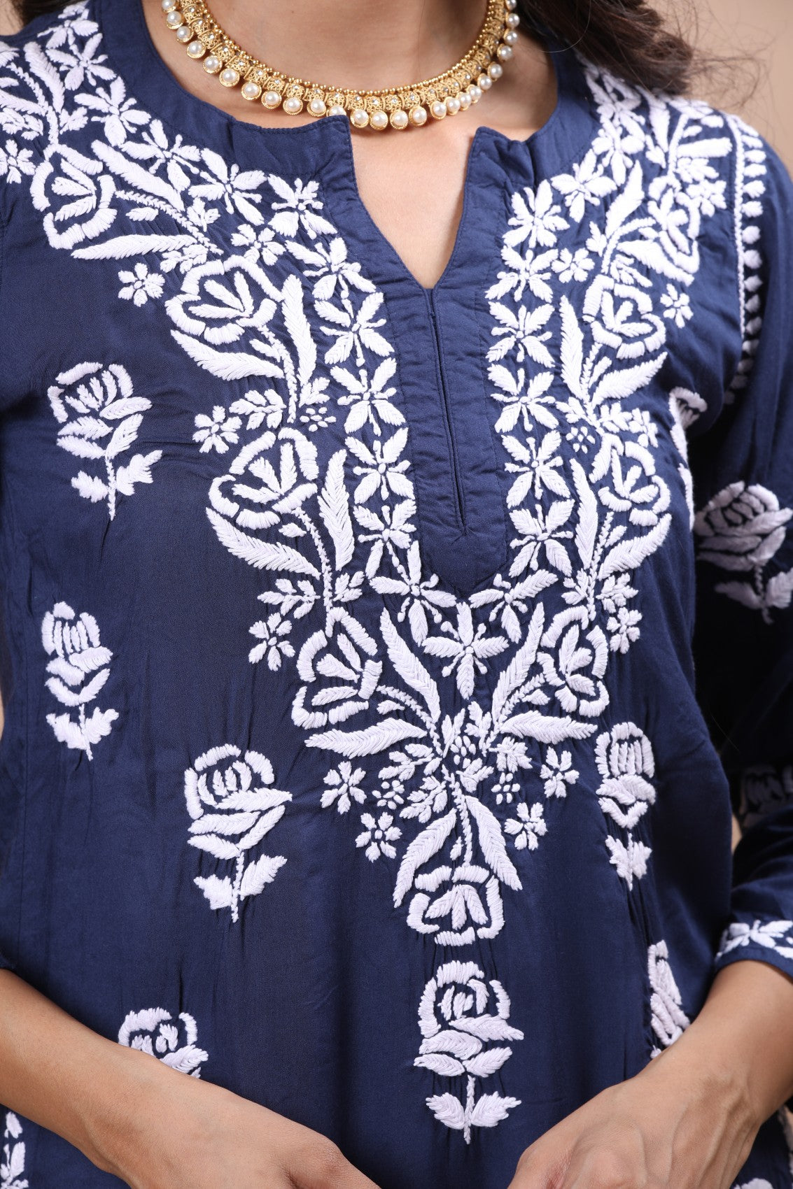 Ada Hand Embroidered Navy Blue Cotton Lucknowi Chikankari Kurta With Plazzo Set 01A206994
