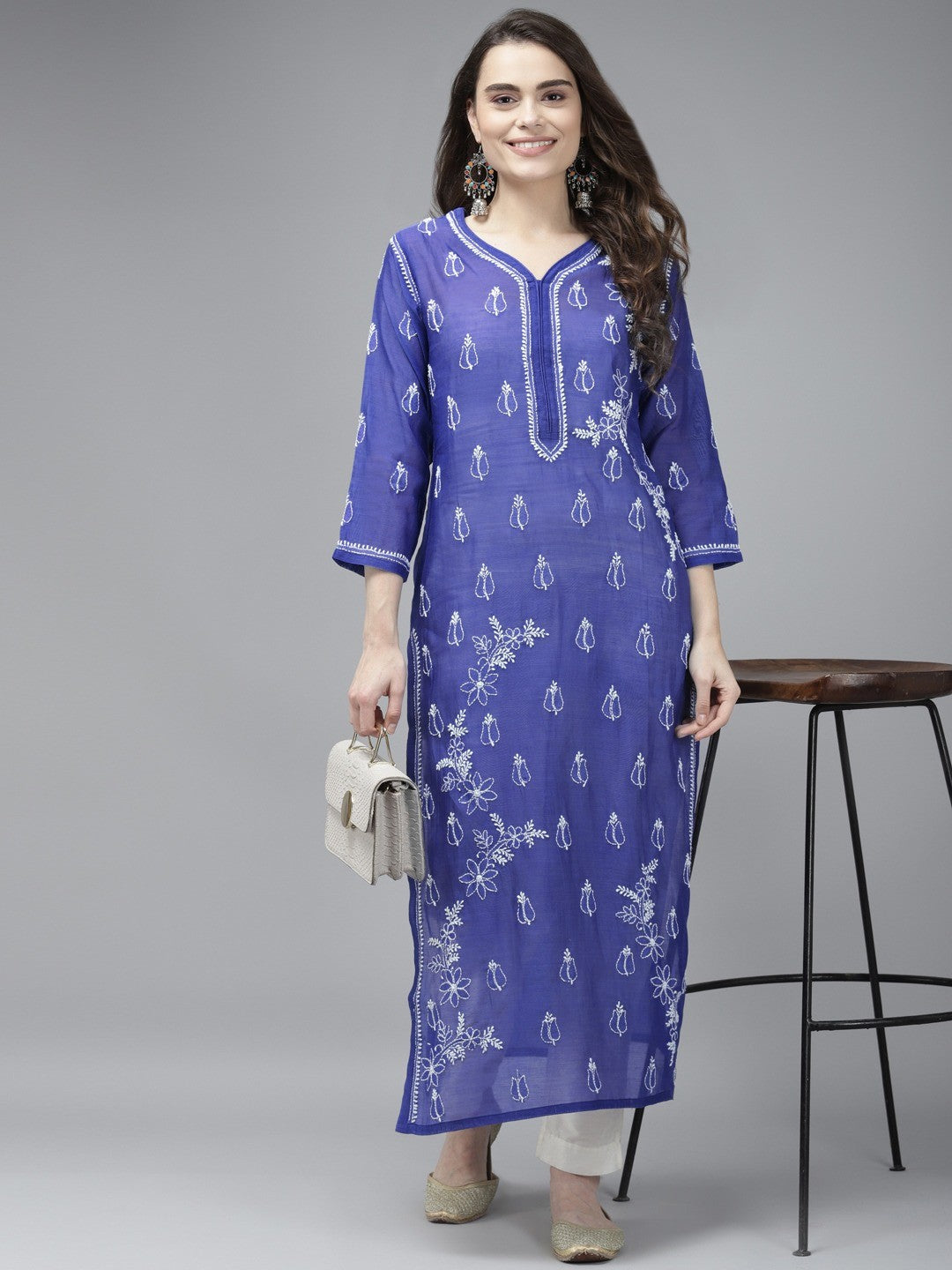 Ada Hand Embroidered Royal Blue Chanderi Lucknow Chikankari Kurta A411372