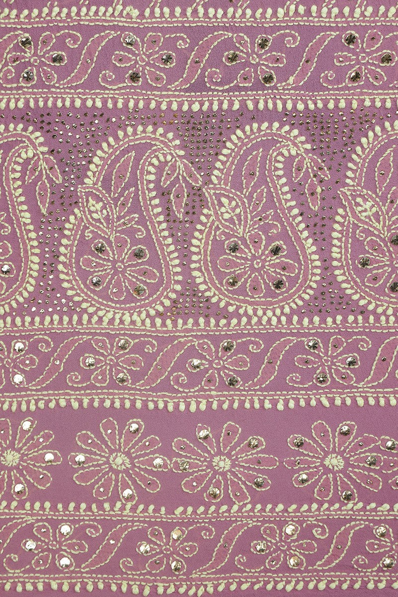 Ada Hand Embroidered Lilac Mauve Shaded Pure Georgette Lucknowi Chikankari Lehenga Set With Muqaish Work A610155