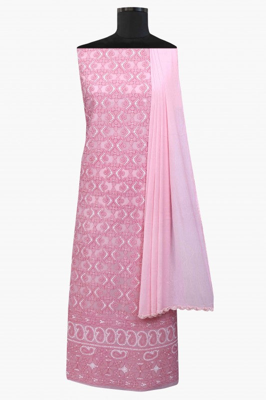 Ada Hand Embroidered Pink Cotton Lucknowi Chikan Unstitched Suit Piece–A100179