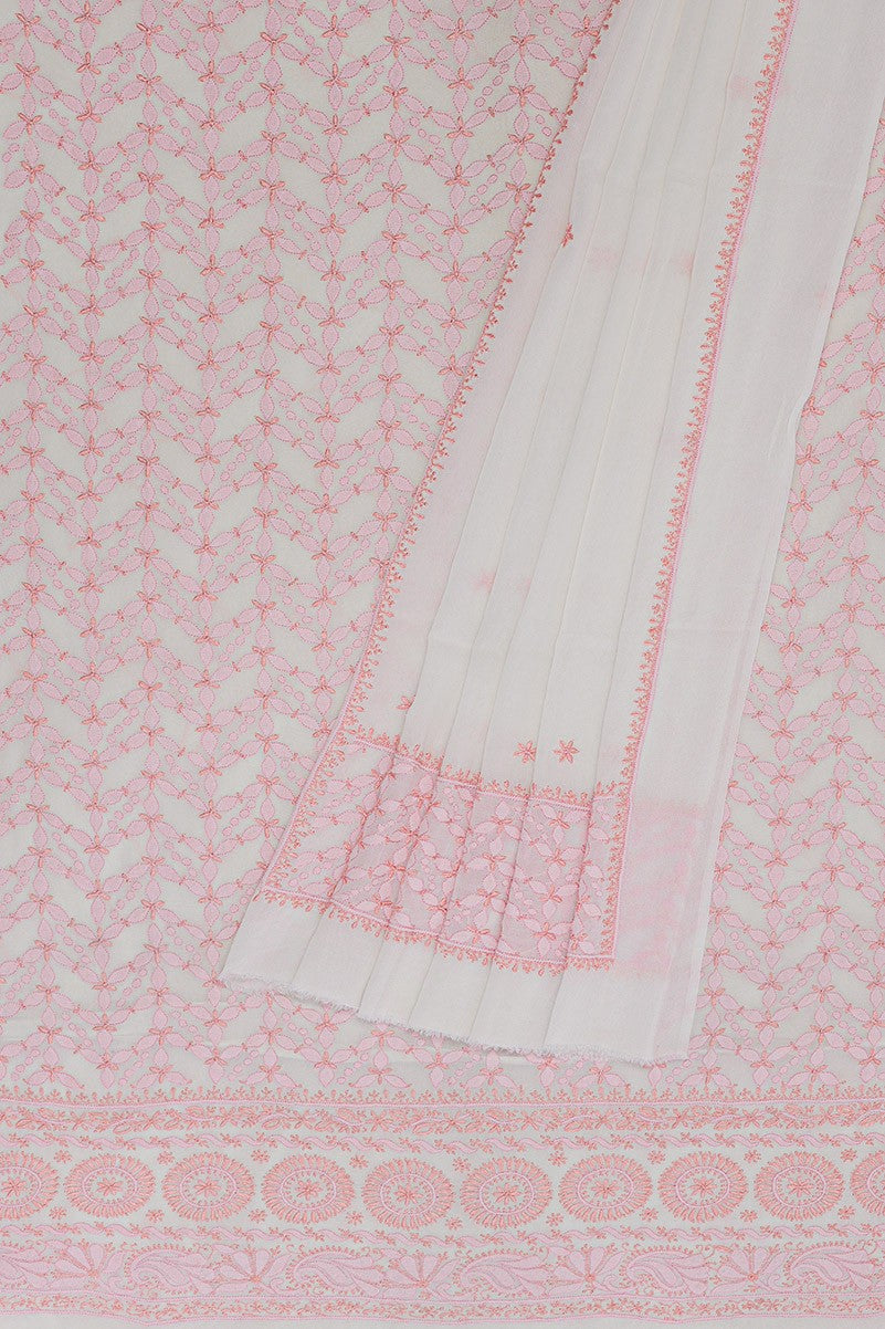 Ada Hand Embroidered White Pure Georgette Lucknowi Chikan Unstitched Kurta Dupatta Set A292102